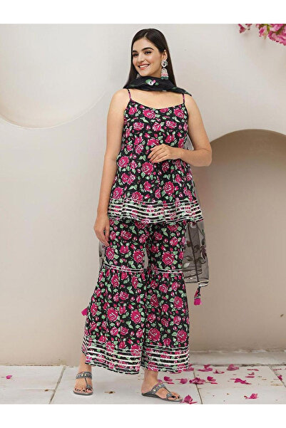 Ishin By Styli Black Floral Cotton Kurta with Pants and Dupatta Set