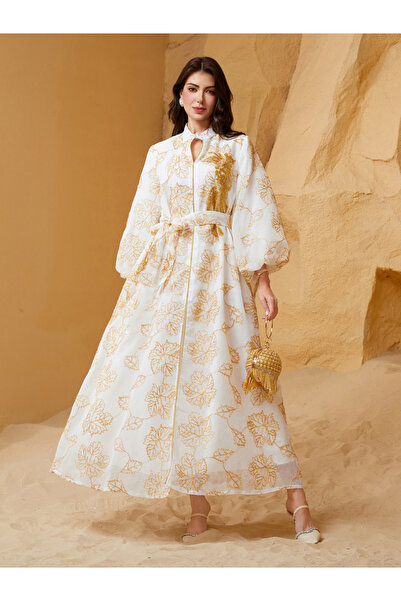 Take Two By Styli Embroidered Belted Detail Balloon Sleeves Jalabiya