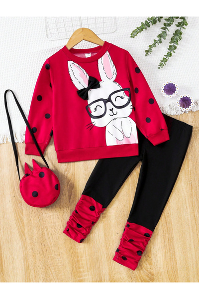 Take Two By Styli Graphic Print Sweatshirt with Ruched Leggings and Crossbody Bag Set