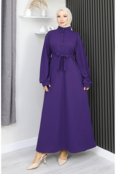 sefamerve Scuba fabric half buttoned belted dress 2167-02 purple