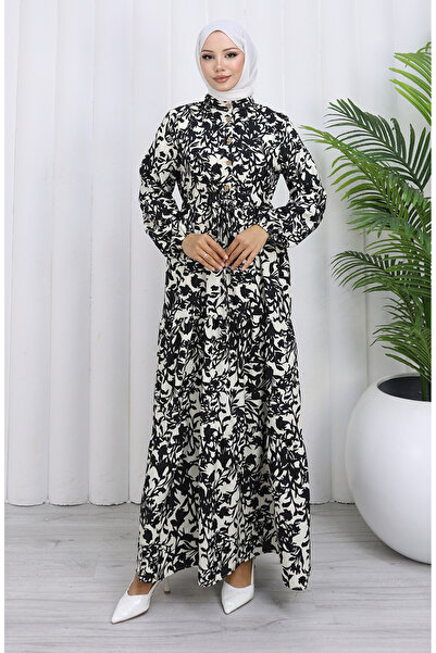 sefamerve Hakim Yaka Belted Lace-Up Patterned Dress 0190-05 Black