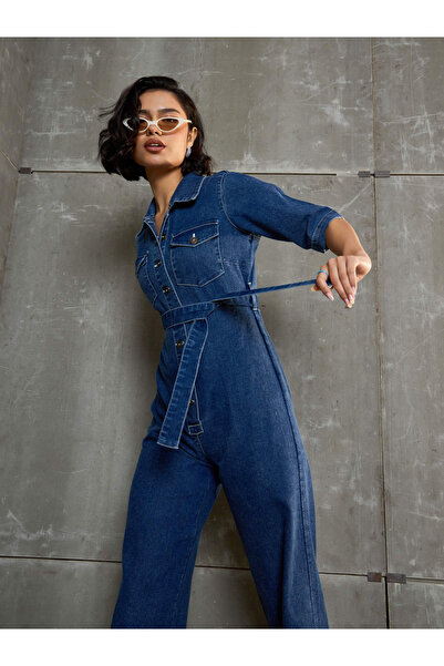 Sassafras By Styli Blue Washed Denim Short Sleeve Jumpsuit