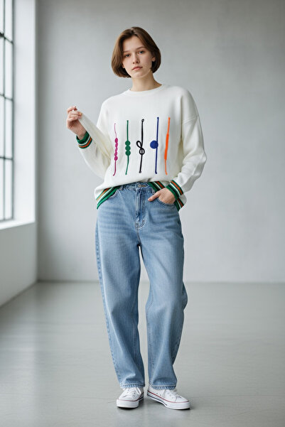 NEWCO Off-Shoulder High Neck Patterned Loose Oversized Standard Size Knitwear Sweater