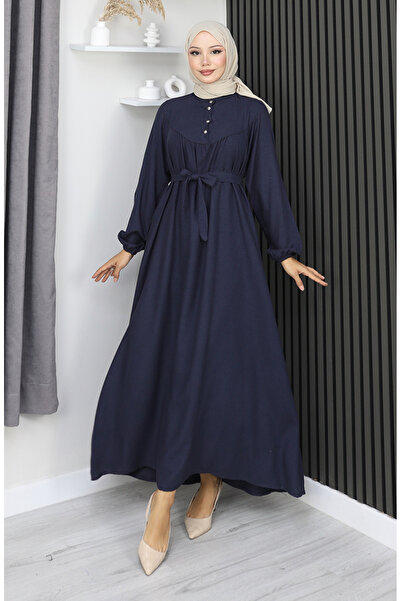 sefamerve Belmando Fabric Half Button Belted Dress 2166-01 Navy Blue