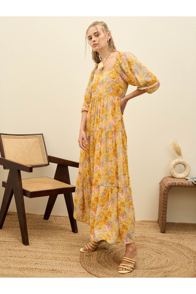Sassafras By Styli Yellow Floral Print A-Line Maxi Dress