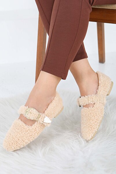 TOFİSA Women's Beige Belted Plush Flats - 27910-Bej