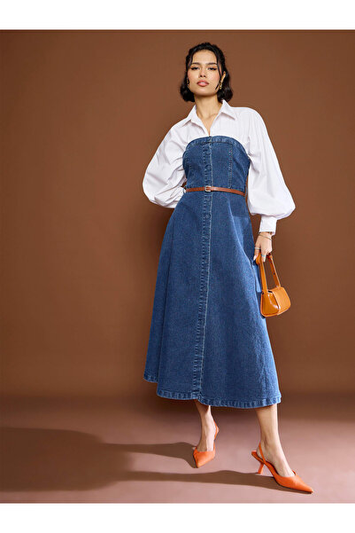 Sassafras By Styli Blue Washed Denim Midi Dress