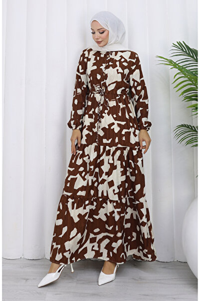 sefamerve Hakim Yaka Beli Lace-Up Patterned Dress 0191-06 Brown