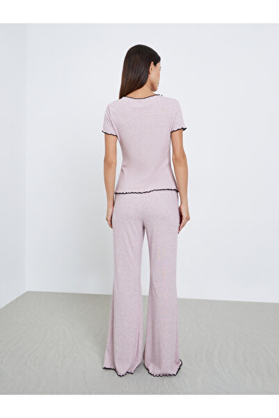 Styli Bow Embroidered Rib Contrast Stitch Shirt and Side Slit Pyjama Set