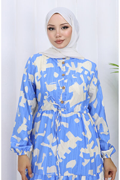 sefamerve Hakim Yaka Beli Patterned Dress with Laced Collar 0191-03 Indigo