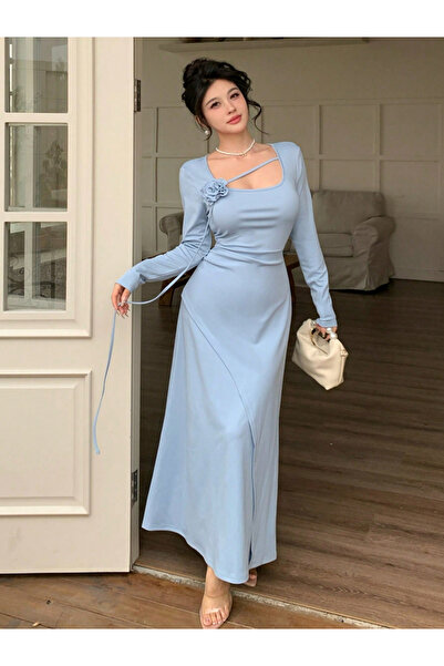 Take Two By Styli Light Blue Long Sleeves Midi Dress