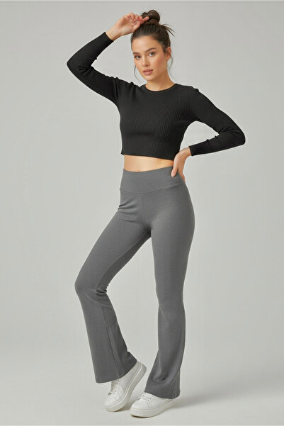 TOFİSA Flared High Waist Ribbed Leggings Smoked - 27979-Fume