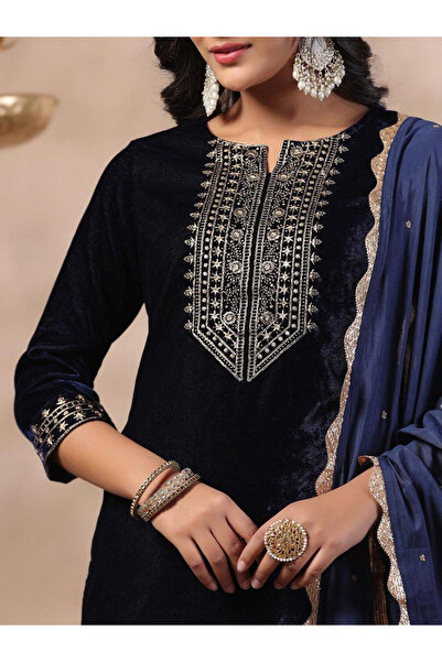 Ishin By Styli Navy Blue Velvet Kurta with Pants and Dupatta Set