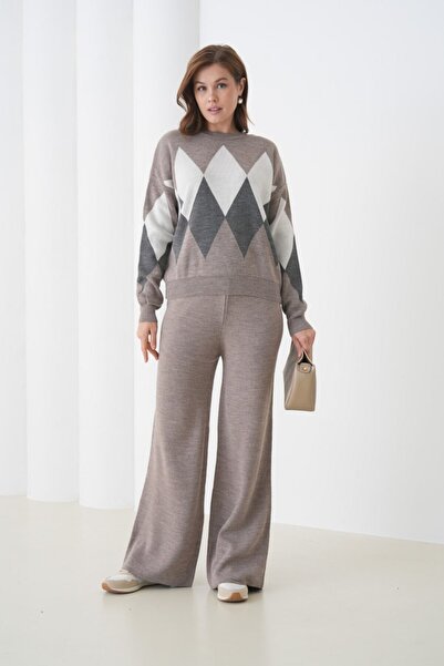 Noi Belis Oversized Plaid Patterned Crew Neck Knitwear Bottom-Top Set Aw25Au0030