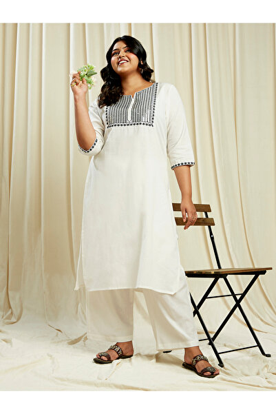 Globus By Styli Plus Size Off White Sequined Embroidered Yoke Kurta and Pants Festive Set