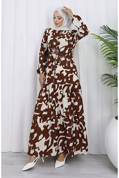sefamerve Hakim Yaka Beli Lace-Up Patterned Dress 0191-06 Brown
