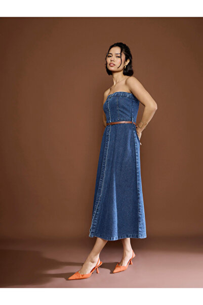 Sassafras By Styli Blue Washed Denim Midi Dress