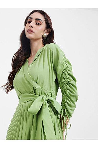 Styli Accordion Pleated Wrap Front Maxi Dress