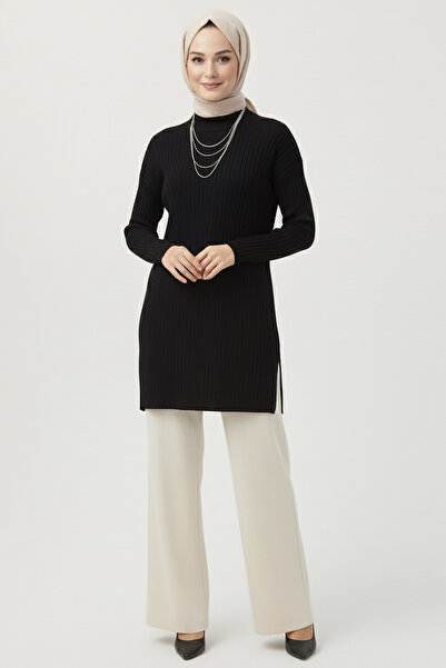 TOFİSA إنترلوك Y شق تونيك أسود - 27994-SIYAH