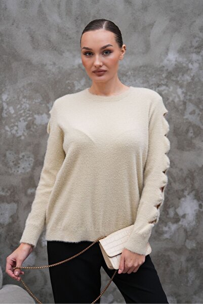 AGORATEKSTİL Women's Sleeve Detailed Crew Neck Long Sleeve Wool Sweater