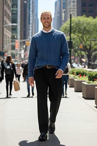 Pulltonic Erkek Bisiklet Yaka Desenli Kazak | %68 Kuzu Yünü