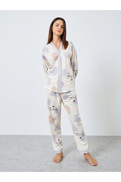 Styli Heart Print Button Placket Shirt and Pyjama Set
