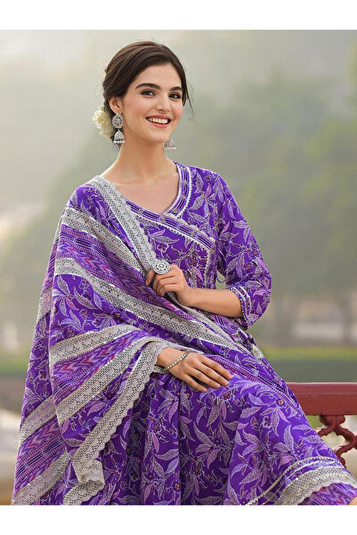 Ishin By Styli Purple Cotton Kurta with Pants and Dupatta Set