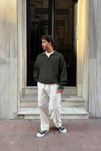 Flaw Wear Half Zip Polo Neck Knit Sweater