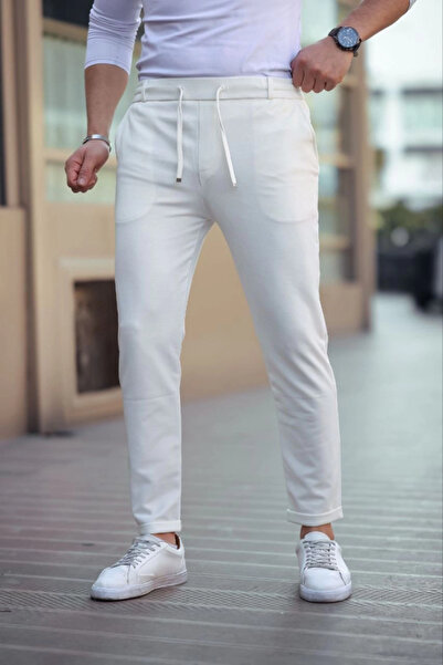 EyesOf Men's Diagonel Micro Textured Pocketed Elastic Waist Trousers - White