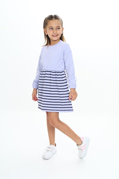 Toontoy فستان مخطط بأكمام طويلة وياقة دائرية للفتيات مطبوع من ريلاكس فيت - أل...