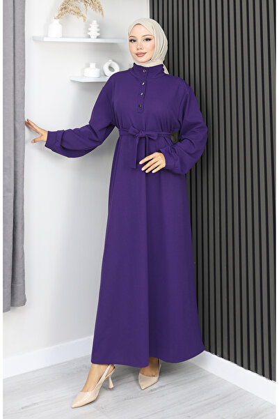 sefamerve Scuba fabric half buttoned belted dress 2167-02 purple