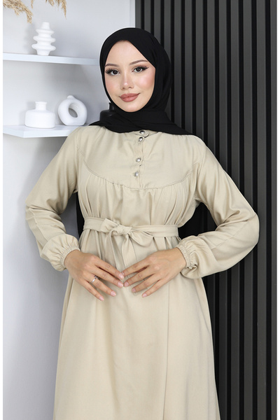 sefamerve Belmando fabric half buttoned belted dress 2166-05 beige