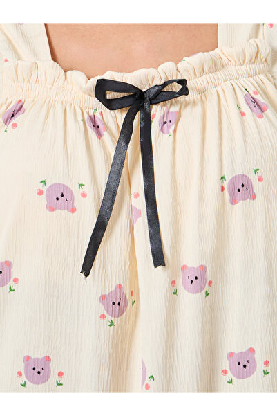 Styli Bear Print Square Neck Nightdress with Bow Detail