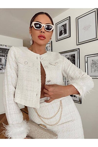 Siseniorita 2 Piece Set Tweed Crop Jacket with Feathers and Textured Mini Skirt - Pearl Buttons