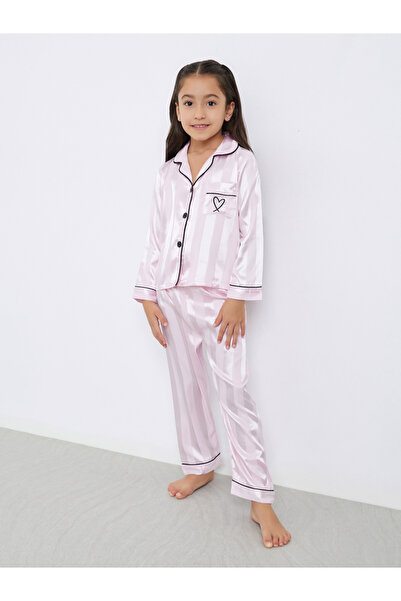 Take Two By Styli Girls Pink Striped Pocket Detail Shirt and Pyjama Set
