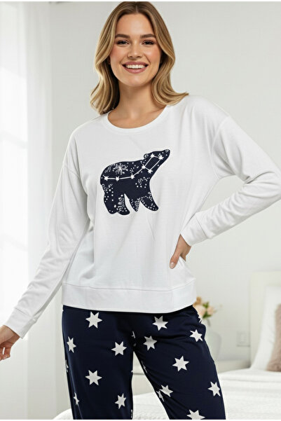Siyah İnci White Star Patterned Printed Cotton Knitted Pajama Sets 7904