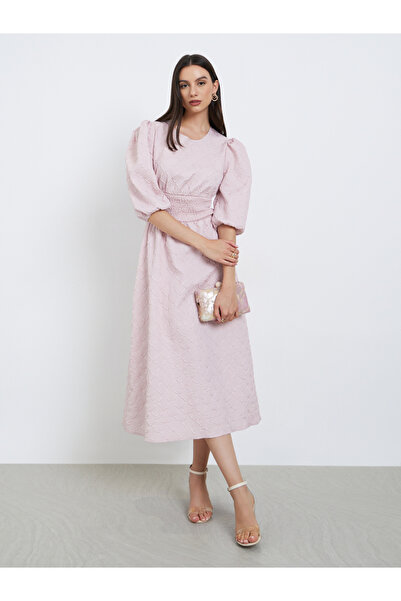 Take Two By Styli Pink Textured Puff Sleeve Midi Dress