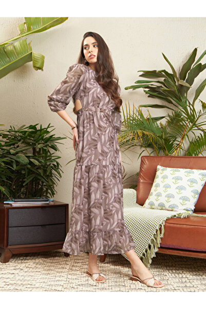 Sassafras By Styli Brown Leaf Print A-Line Midi Dress