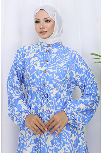 sefamerve Hakim Yaka Beli Patterned Dress with Lace-Up Collar 0190-02 Indigo