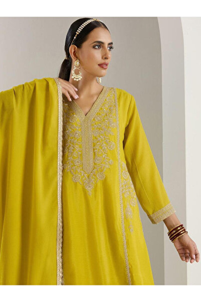Ishin By Styli Mustard Embroidered Kurta with Pant and Dupatta Set