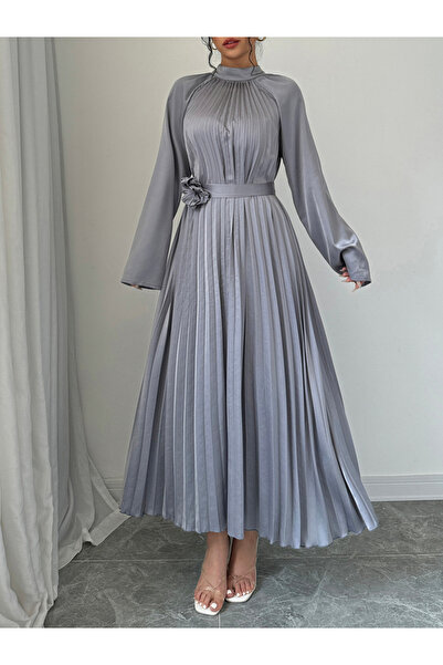 Take Two By Styli Grey Pleated Midi Dress with Flower Detail