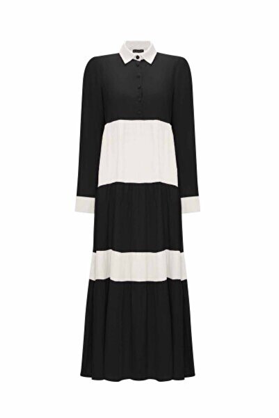 MISS DALIDA İki Renkli Erkek Yaka Keten Siyah Elbise