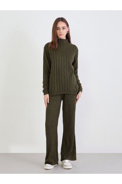 Styli Olive Ribbed Knit Longline Sweater and Pants Co-Ords