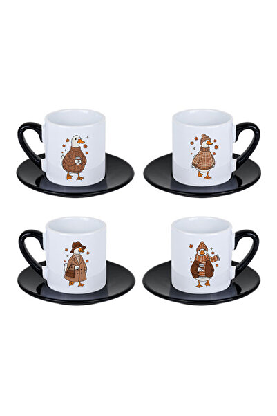 giftkonsept Cool Autumn Ducks Printed Set of 4-Piece Black Handle Porcelain Turkish Coffee Cup Set