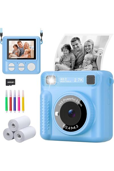 LENND Instant Print Camera for Kids, 1080P HD Selfie Digital Camera with Print Paper & 32GB Card (Bl
