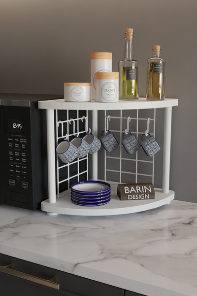 BARIN DESIGN Metal Telli Kahve Köşesi Çevirtak Çok Amaçlı Mutfak Standı Tezgah Üstü Düzenleyici Çift Katlı Askılı