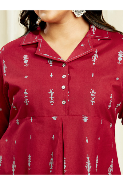 Globus By Styli Plus Size Maroon Ethnic Print Midi Dress