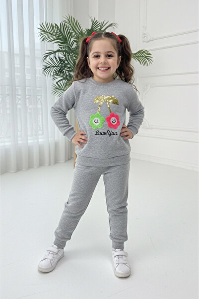 TOFİSA Girl's Gray Embroidered Two-Thread Double Suit - 27973-Gri