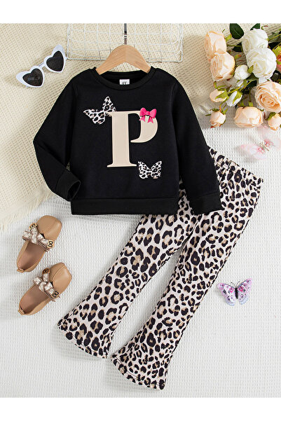 Take Two By Styli Girl's Graphic Print Long Sleeve Sweatshirt With Leopard Print Pants Set