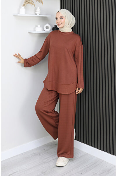 sefamerve Premium υφασμάτινο παντελόνι τουνίκ διπλό σετ 2164-02 Καφέ